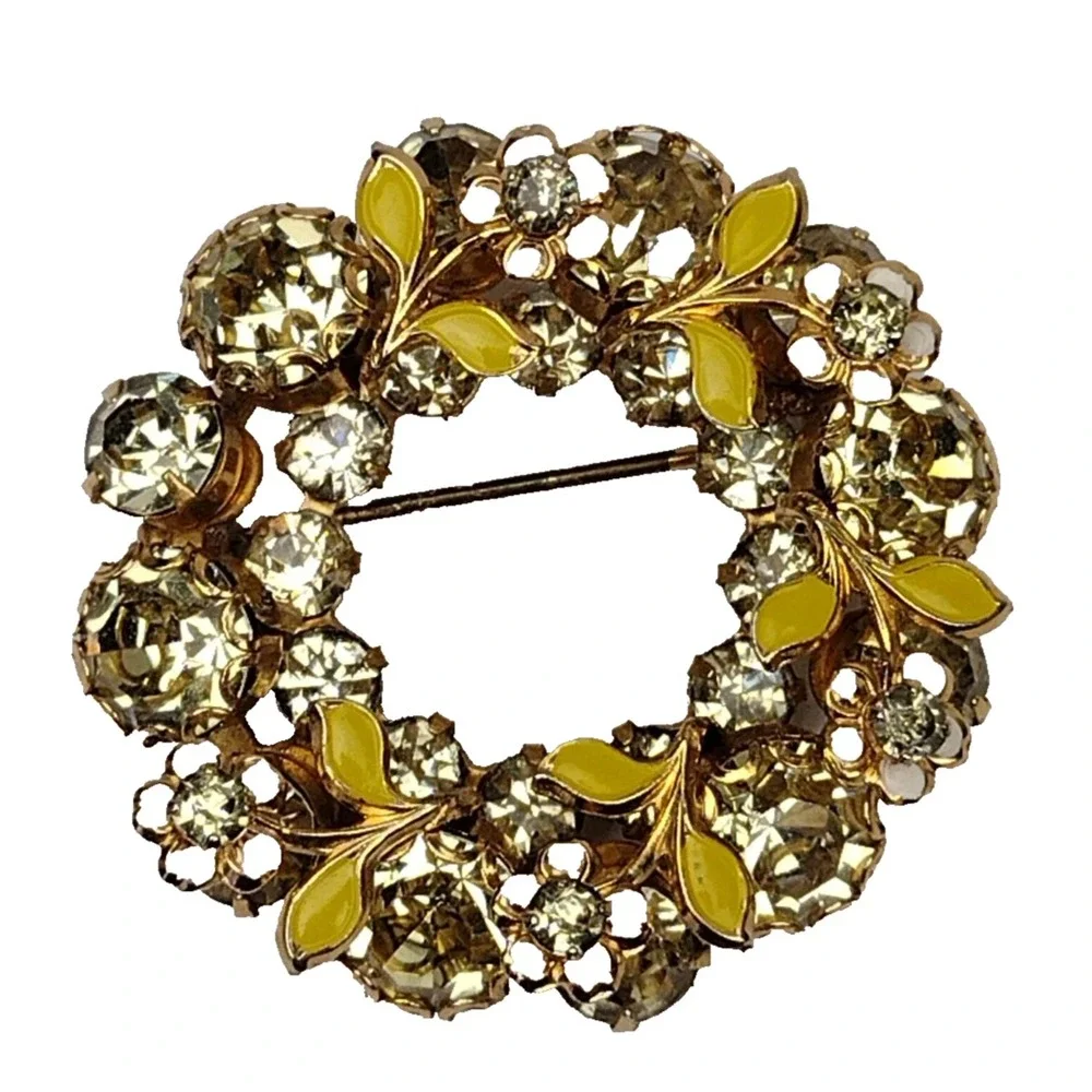 Vintage Floral Yellow and Green Open Back Rhinestone Daisy Flower Brooch 1960s